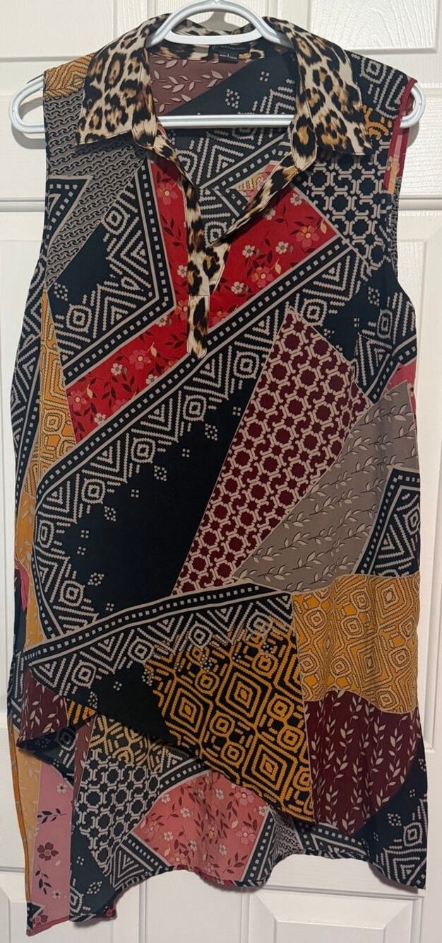 New Directions Womens Patchwork Pattern Asymmetrical Hem Sleeveless Dress Size L